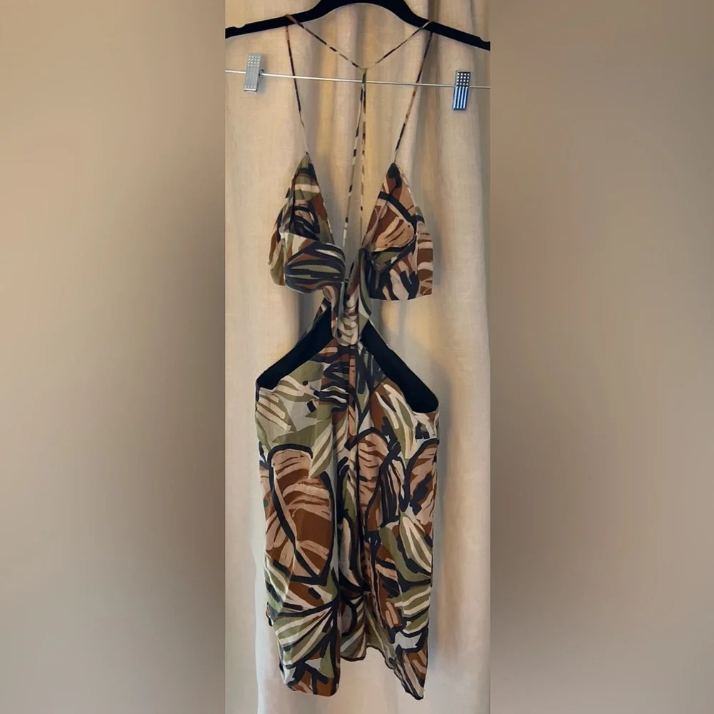 Zara Olive Green Brown Black Leaf-Print Mini Dress - Picture 2 of 3